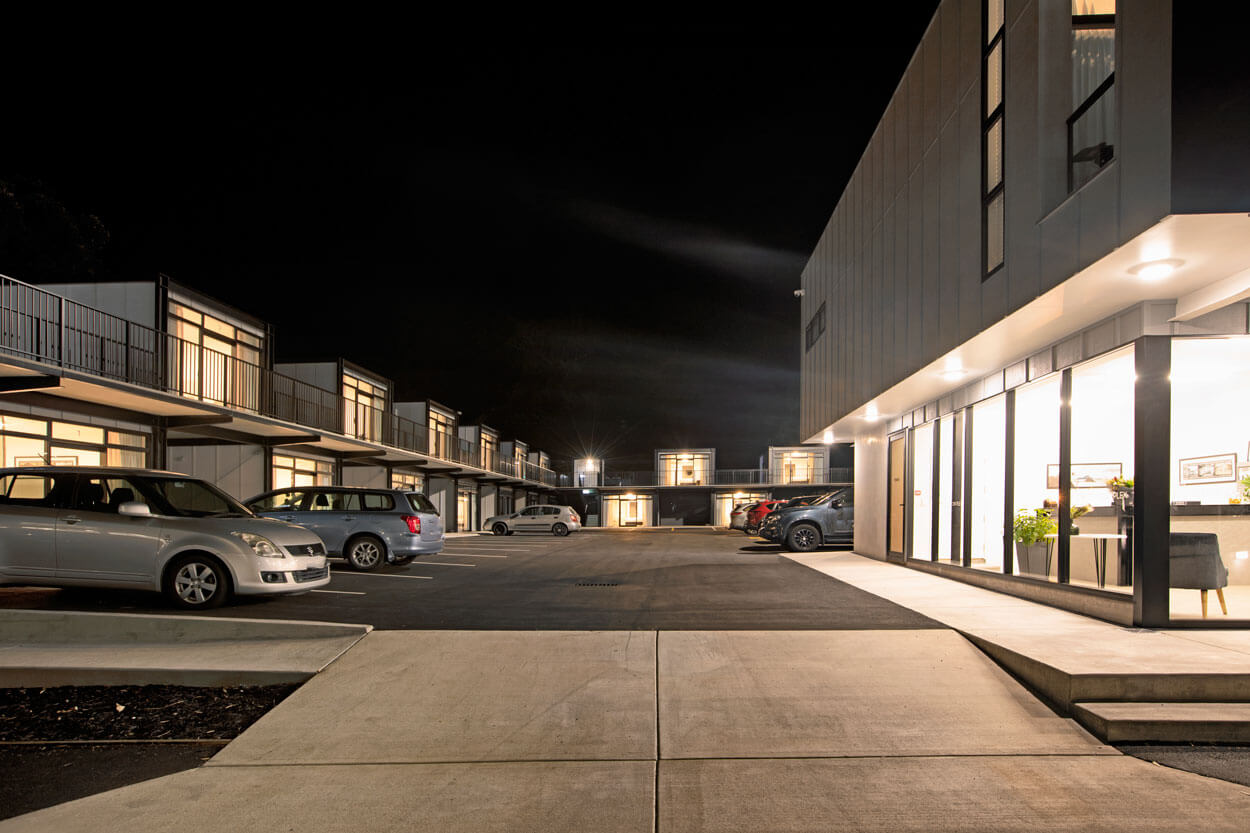 Photo of the entrance to The Com Plex Whakatane's carpark and reception office